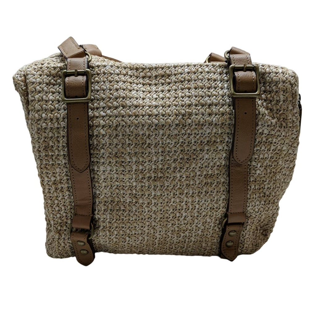GAP Large Straw Satchel Natural Zip Top Double Faux Leather Handles Green Lining
